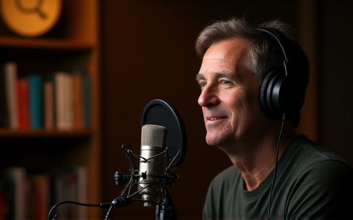 Author speaking into a podcast microphone